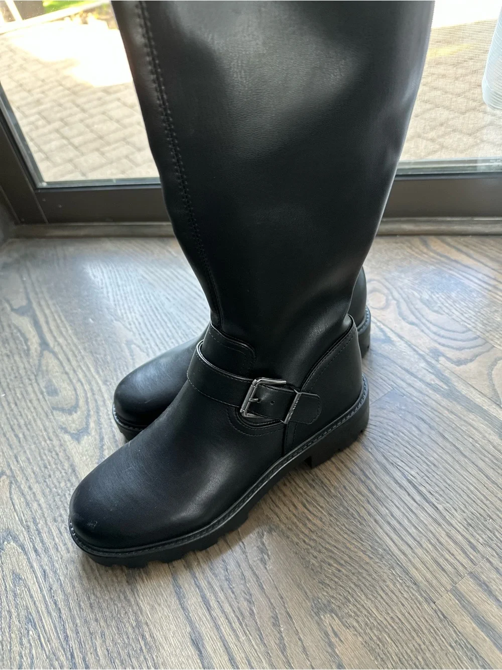 Nine West Black Lug-Sole Knee Boots with Buckle Accent